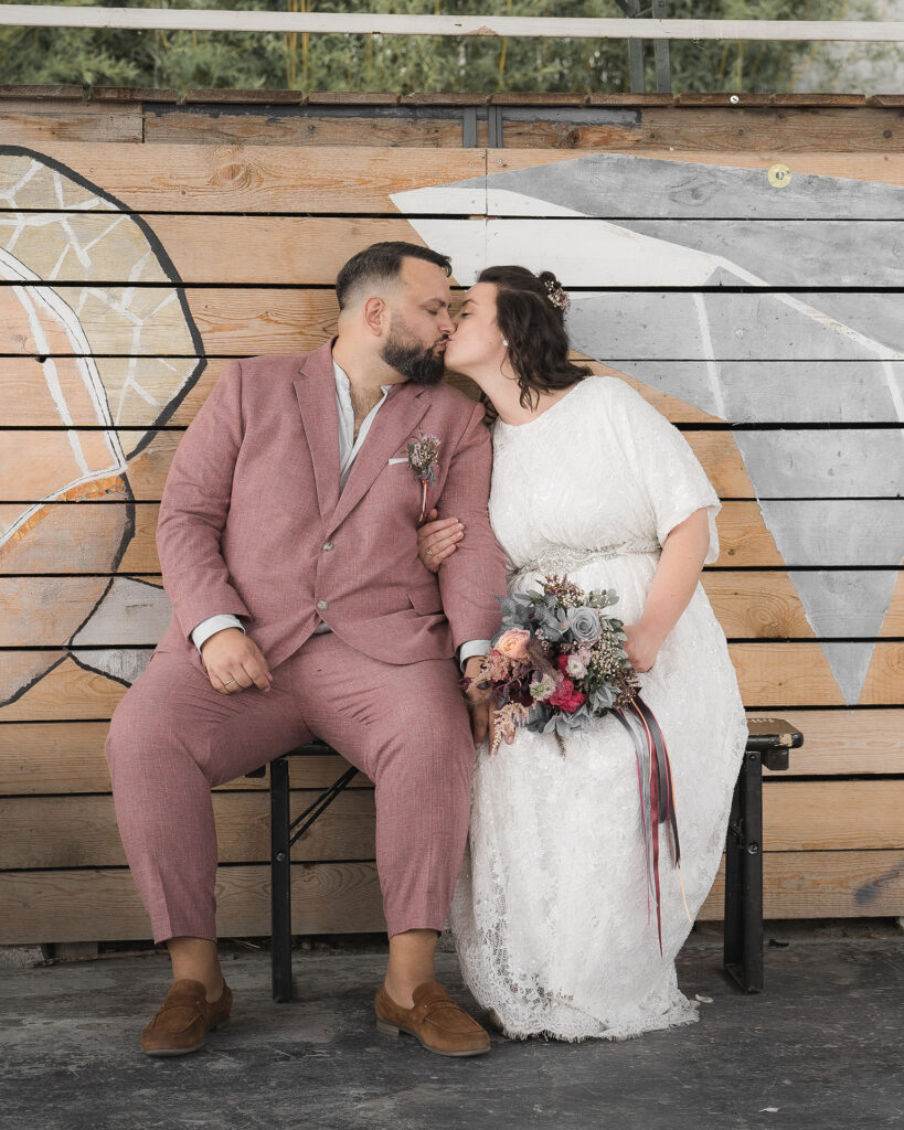 Wedding Couple kissing.